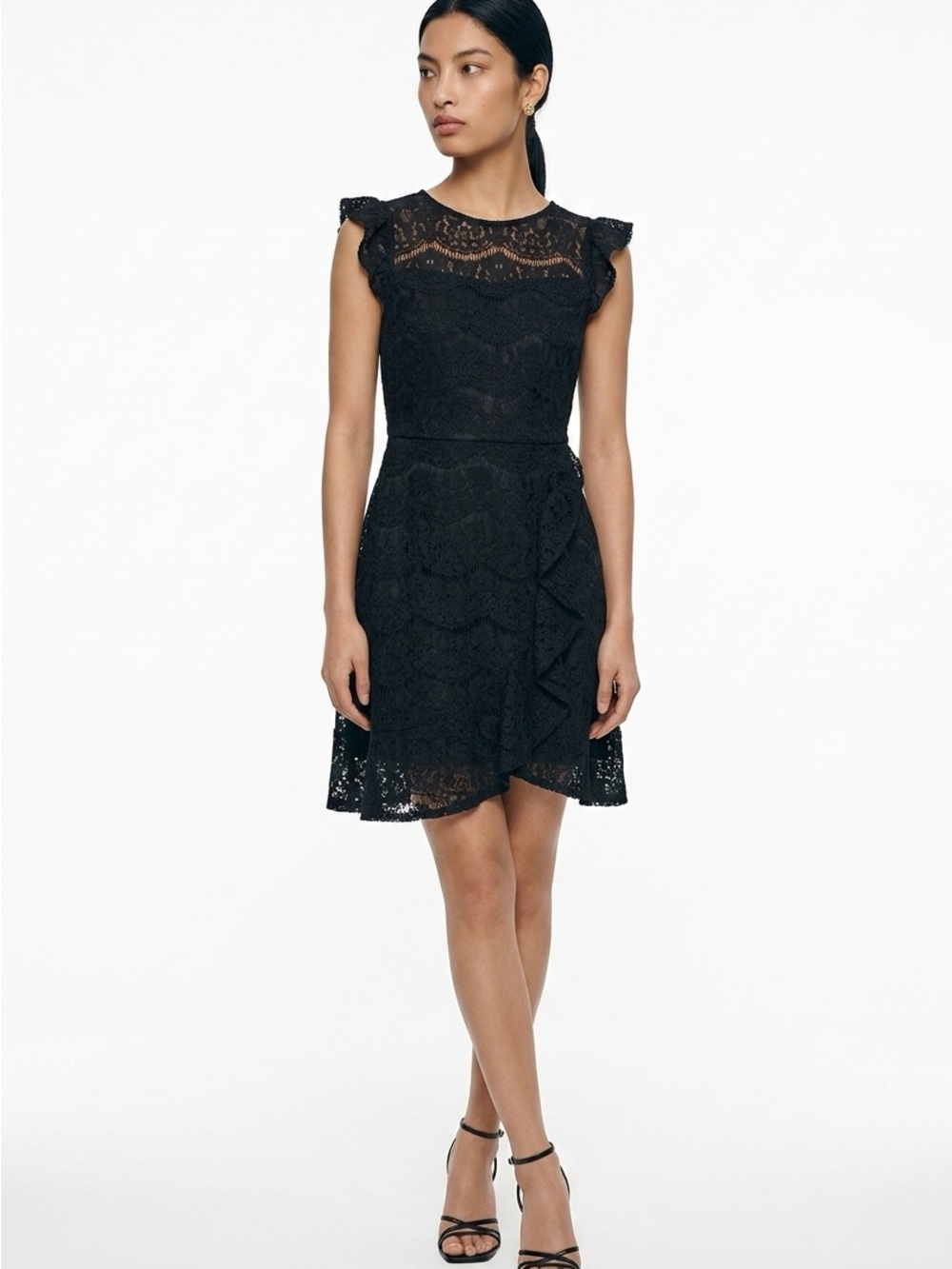 Monteau Women’s Small Black Lace Ruffle Sleeve And Drape Fit Flare Dress